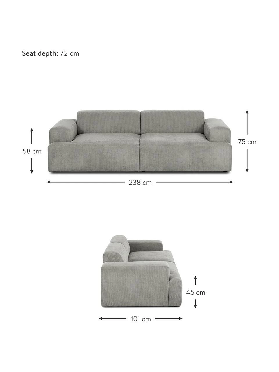 Westwing Collection Canapé 3 places velours côtelé gris Melva, larg. 238 x prof. 101 cm 3 Westwing Collection Canapé 3 places velours côtelé gris Melva, larg. 238 x prof. 101 cm – Image 3
