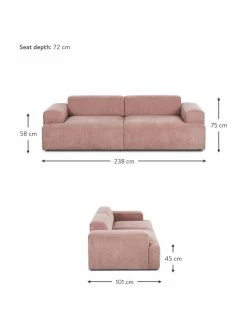 Westwing Collection Canapé 3 places velours côtelé rose Melva, larg. 238 x prof. 101 cm -furniture Soldes Canape 3 places velours cotele rose Melva 3