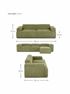 Westwing Collection Canapé 3 places velours côtelé vert Melva, larg. 238 x prof. 101 cm -furniture Soldes Canape 3 places velours cotele vert Melva 2