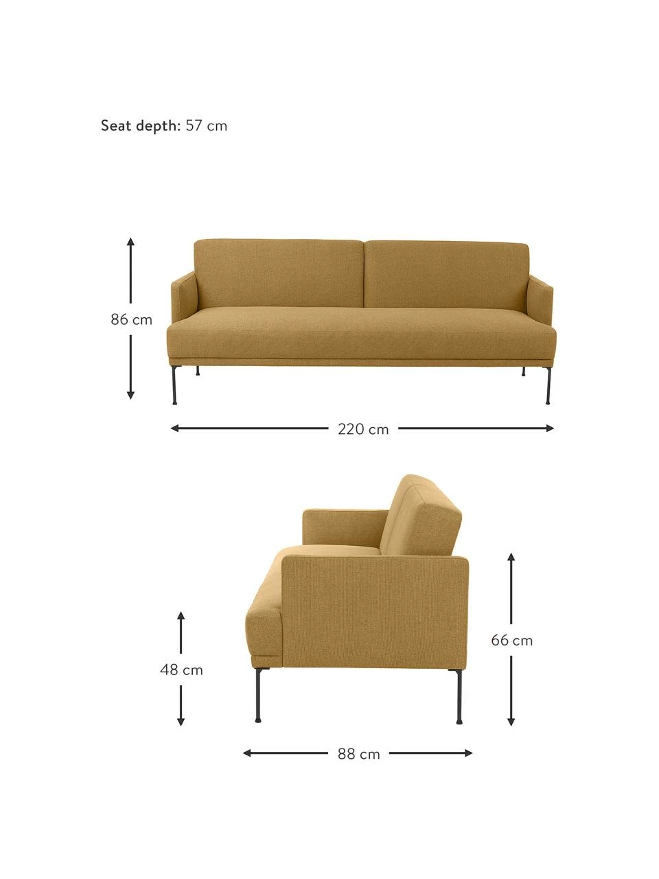 Westwing Collection Canapé convertible 3 places ocre avec pieds en métal Fluente, larg. 220 x long. 86 cm 2 Westwing Collection Canapé convertible 3 places ocre avec pieds en métal Fluente, larg. 220 x long. 86 cm – Image 2