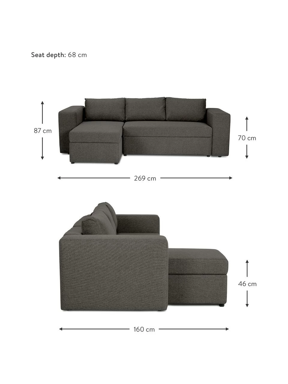 Westwing Collection Canapé convertible gris foncé, avec rangement Noah, larg. 269 x prof. 160 cm, méridienne à gauche 2 Westwing Collection Canapé convertible gris foncé, avec rangement Noah, larg. 269 x prof. 160 cm, méridienne à gauche – Image 2