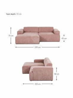 Westwing Collection Canapé d'angle 3 places velours côtelé rose Melva, larg. 239 x prof. 143 cm, méridienne à gauche -furniture Soldes Canape dangle 3 places velours cotele rose Melva 3