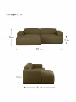 Westwing Collection Canapé d'angle 3 places vert olive Melva, larg. 239 x prof. 143 cm, méridienne à gauche -furniture Soldes Canape dangle 3 places vert olive Melva 2