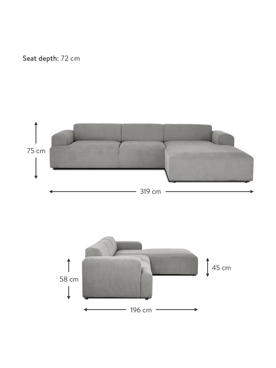 Westwing Collection Canapé d'angle 4 places velours côtelé gris Melva, larg. 319 x prof. 196 cm, méridienne à droite 2 Westwing Collection Canapé d'angle 4 places velours côtelé gris Melva, larg. 319 x prof. 196 cm, méridienne à droite – Image 2