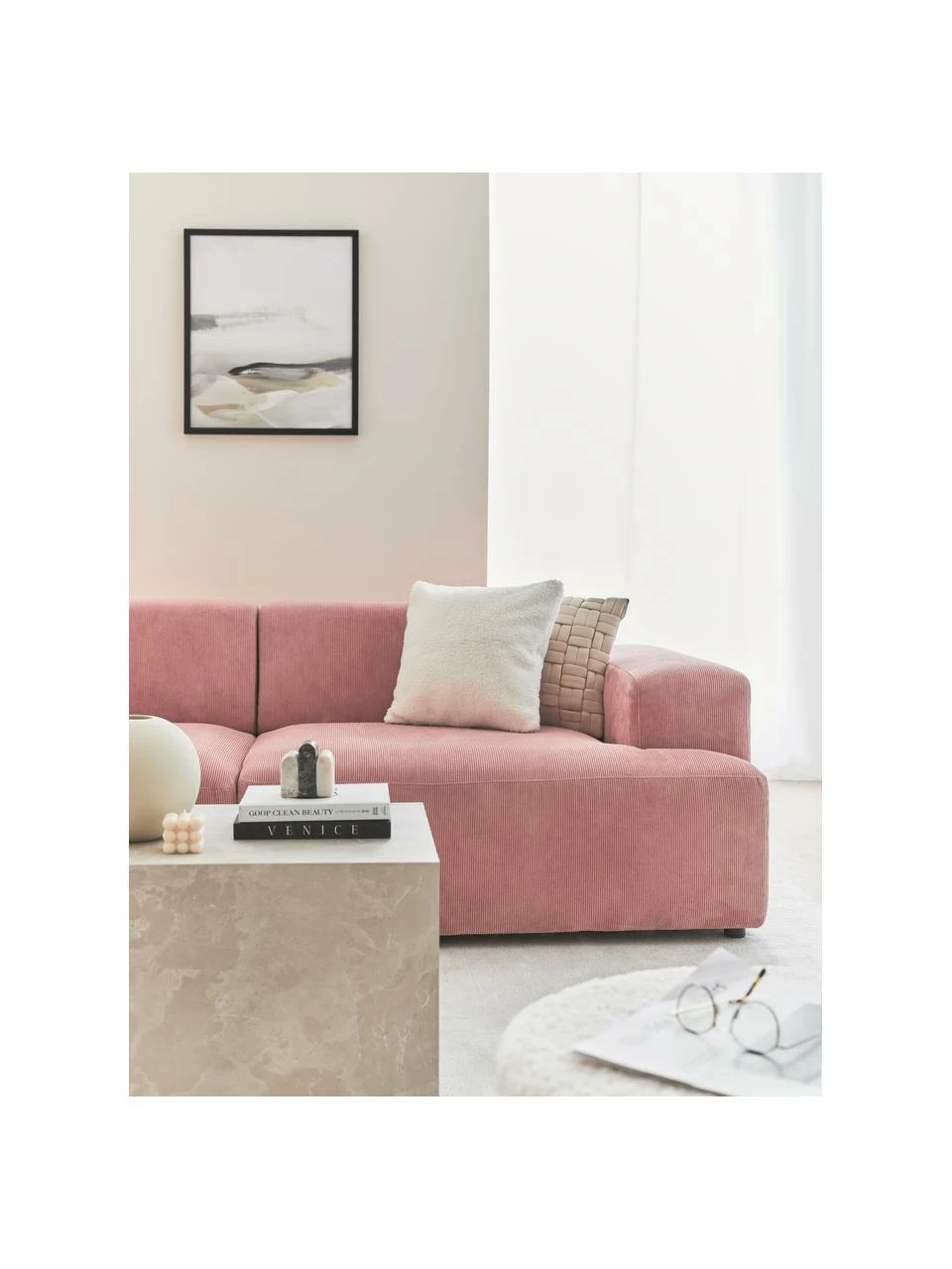 Westwing Collection Canapé d'angle 4 places velours côtelé rose Melva, larg. 319 x prof. 196 cm, méridienne à gauche 2 Westwing Collection Canapé d'angle 4 places velours côtelé rose Melva, larg. 319 x prof. 196 cm, méridienne à gauche – Image 2