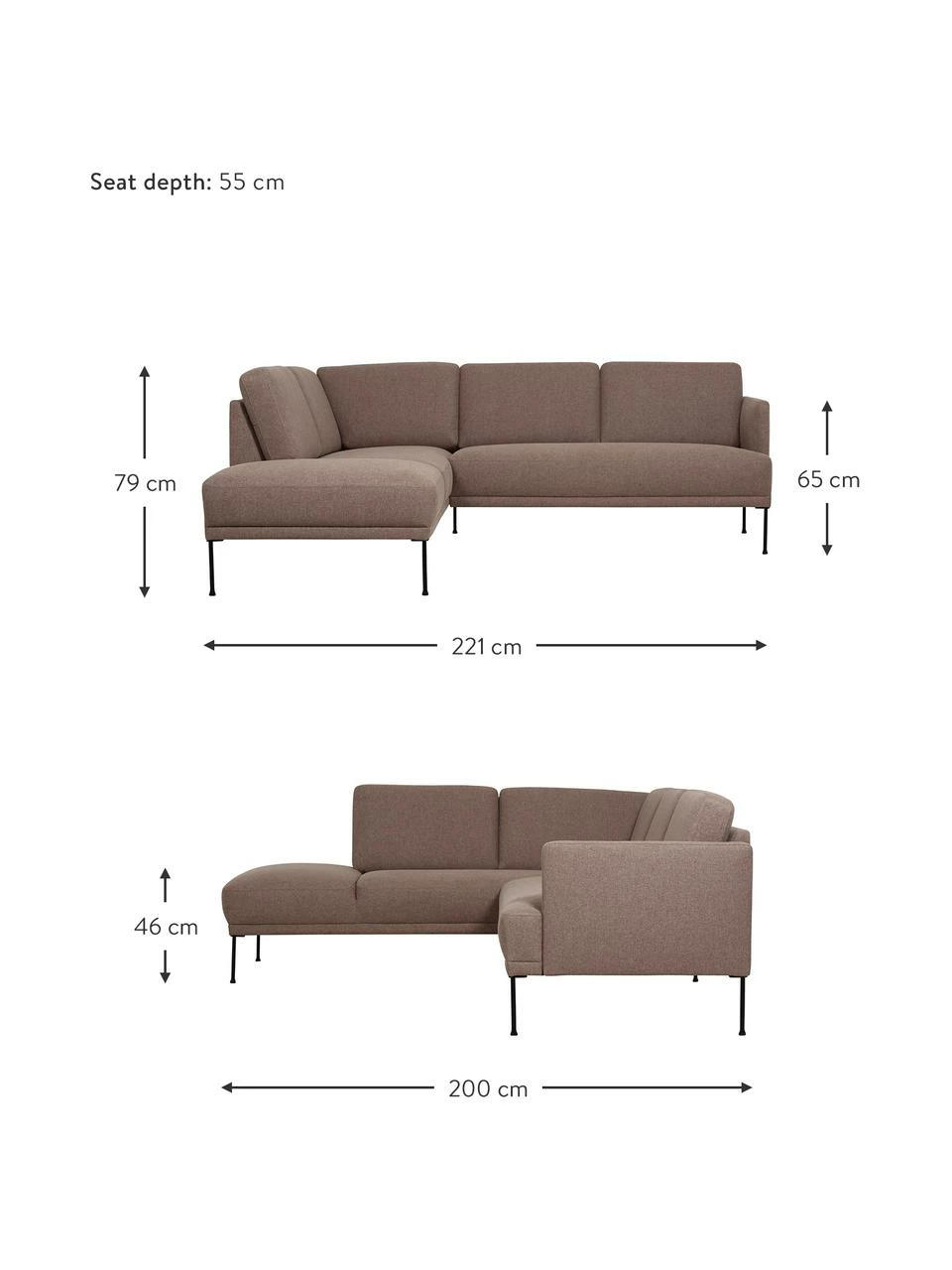 Westwing Collection Canapé d'angle brun avec pieds en métal Fluente, larg. 221 x prof. 200 cm, méridienne à gauche 2 Westwing Collection Canapé d'angle brun avec pieds en métal Fluente, larg. 221 x prof. 200 cm, méridienne à gauche – Image 2