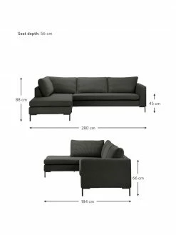 Westwing Collection Canapé d'angle gris foncé avec pieds en métal Luna, larg. 280 x prof. 184 cm, méridienne à gauche -furniture Soldes Canape dangle gris fonce avec pieds en metal Luna 1