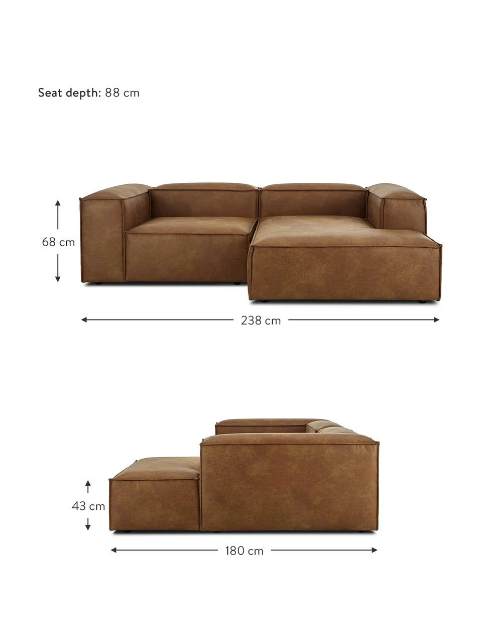 Westwing Collection Canapé d'angle modulaire cuir recyclé Lennon, larg. 238 x prof. 180 cm, méridienne à droite 3 Westwing Collection Canapé d'angle modulaire cuir recyclé Lennon, larg. 238 x prof. 180 cm, méridienne à droite – Image 3