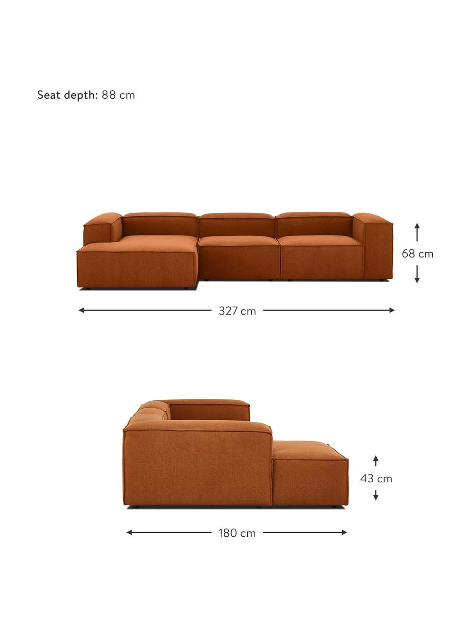 Westwing Collection Canapé d'angle modulaire terracotta Lennon, larg. 327 x prof. 180 cm, méridienne à gauche 4 Westwing Collection Canapé d'angle modulaire terracotta Lennon, larg. 327 x prof. 180 cm, méridienne à gauche – Image 4