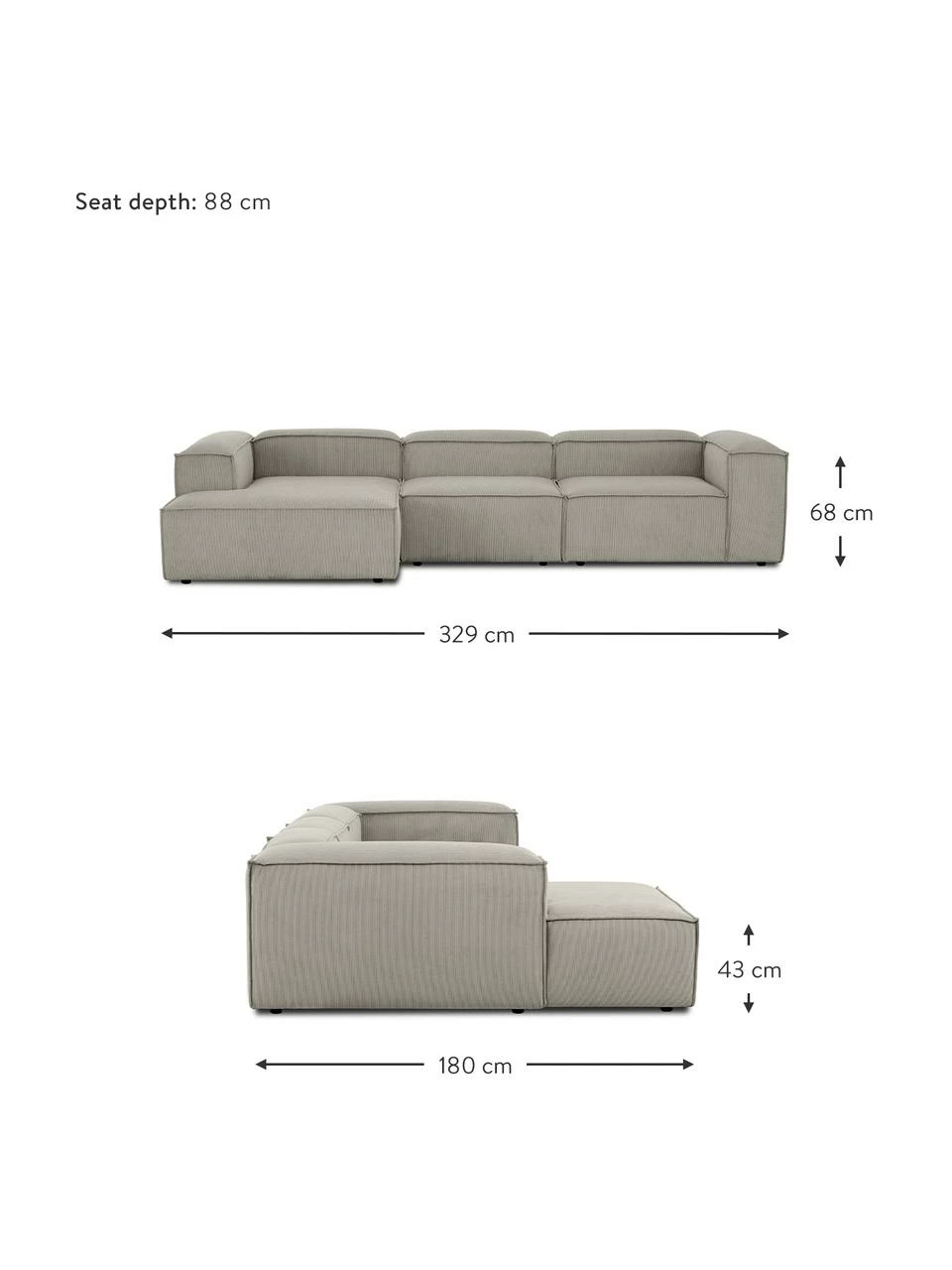 Westwing Collection Canapé d'angle modulaire velours côtelé gris Lennon, larg. 327 x prof. 180 cm, méridienne à gauche 5 Westwing Collection Canapé d'angle modulaire velours côtelé gris Lennon, larg. 327 x prof. 180 cm, méridienne à gauche – Image 5
