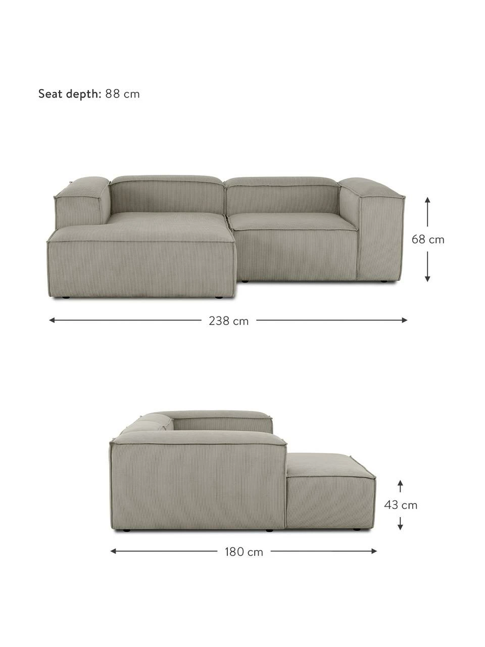Westwing Collection Canapé d'angle modulaire velours côtelé gris Lennon, larg. 238 x prof. 180 cm, méridienne à gauche 5 Westwing Collection Canapé d'angle modulaire velours côtelé gris Lennon, larg. 238 x prof. 180 cm, méridienne à gauche – Image 5