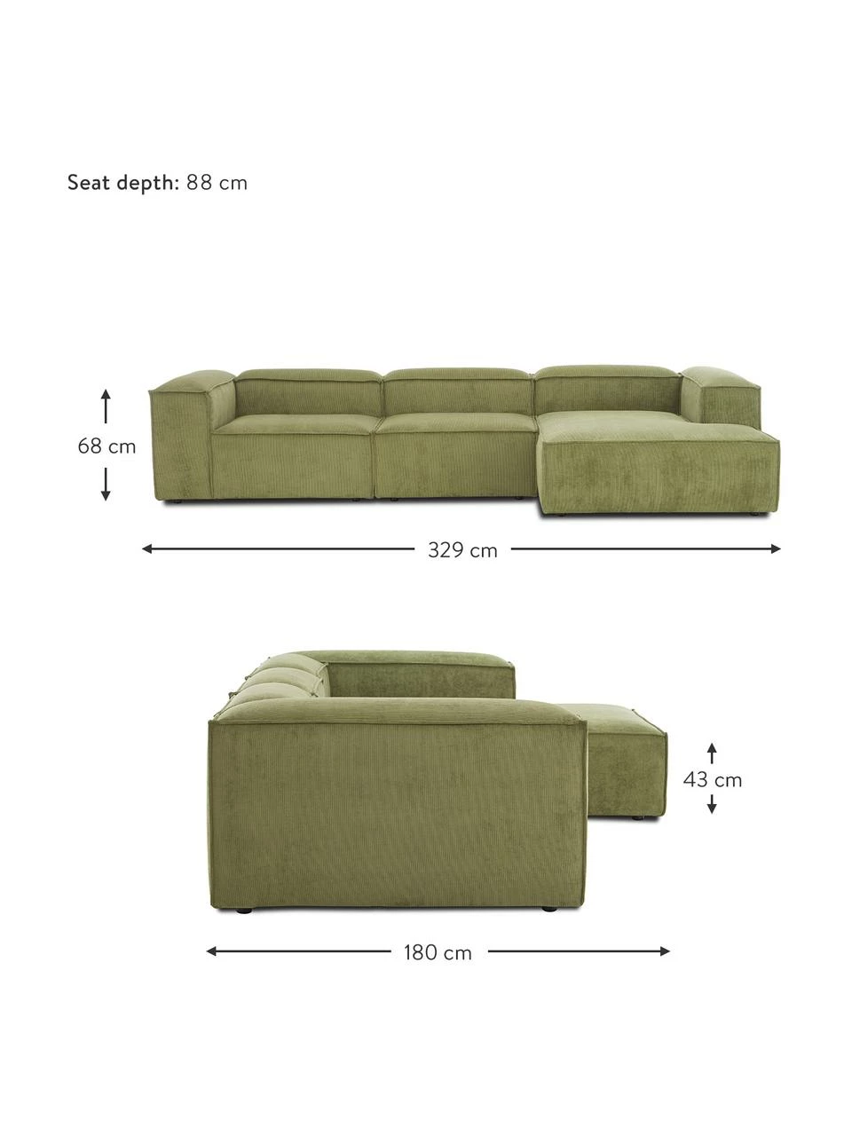 Westwing Collection Canapé d'angle modulaire velours côtelé vert Lennon, larg. 327 x prof. 180 cm, méridienne à droite 5 Westwing Collection Canapé d'angle modulaire velours côtelé vert Lennon, larg. 327 x prof. 180 cm, méridienne à droite – Image 5