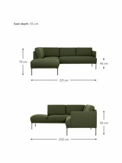 Westwing Collection Canapé d'angle tissu vert foncé pieds en métal Fluente, larg. 221 x prof. 200 cm, méridienne à gauche -furniture Soldes Canape dangle tissu vert fonce pieds en metal Fluente 2