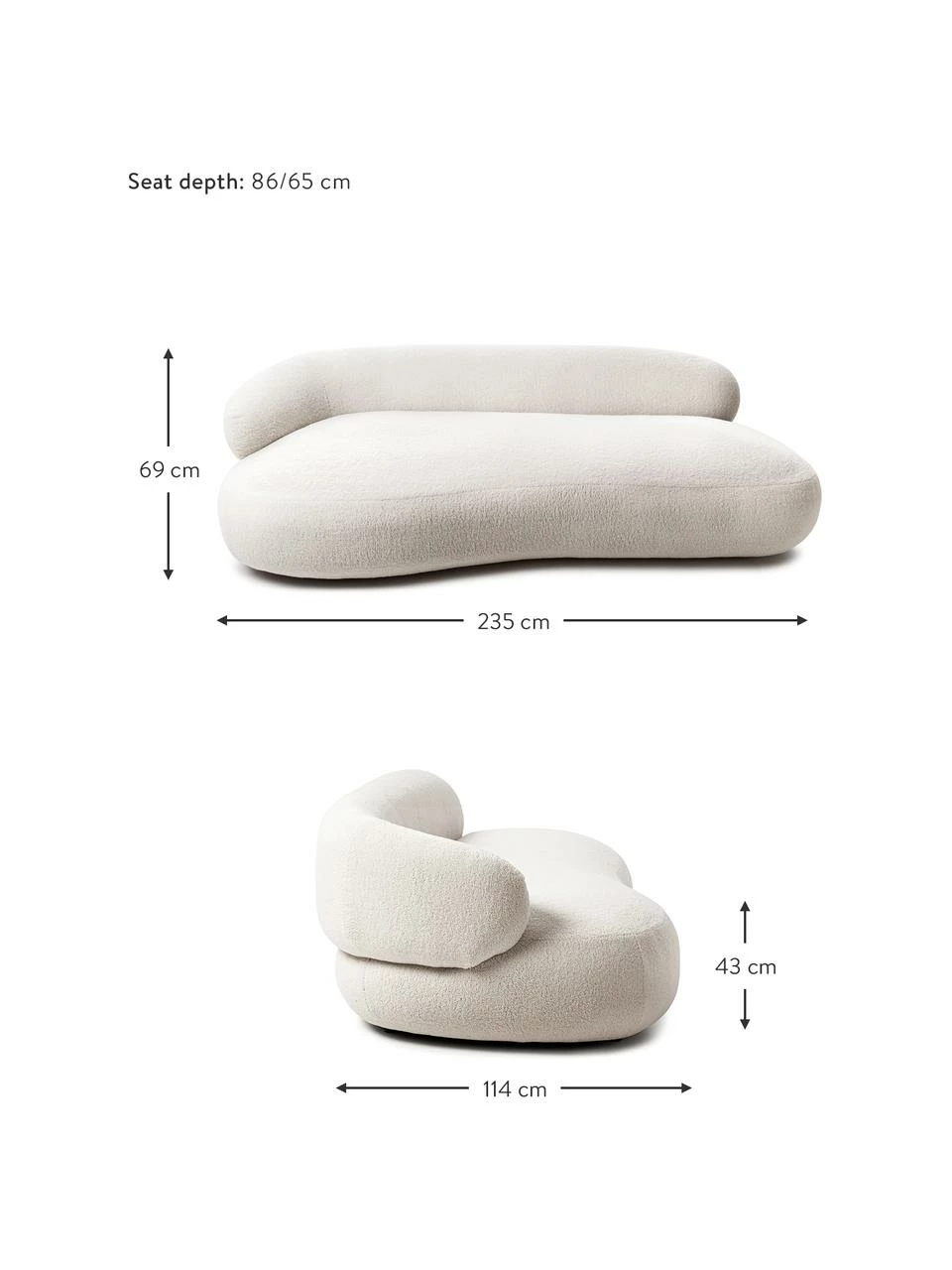 Westwing Collection Canapé haricot 3 places tissu bouclette crème Alba, larg. 235 x prof. 114 cm, dossier à gauche 4 Westwing Collection Canapé haricot 3 places tissu bouclette crème Alba, larg. 235 x prof. 114 cm, dossier à gauche – Image 4