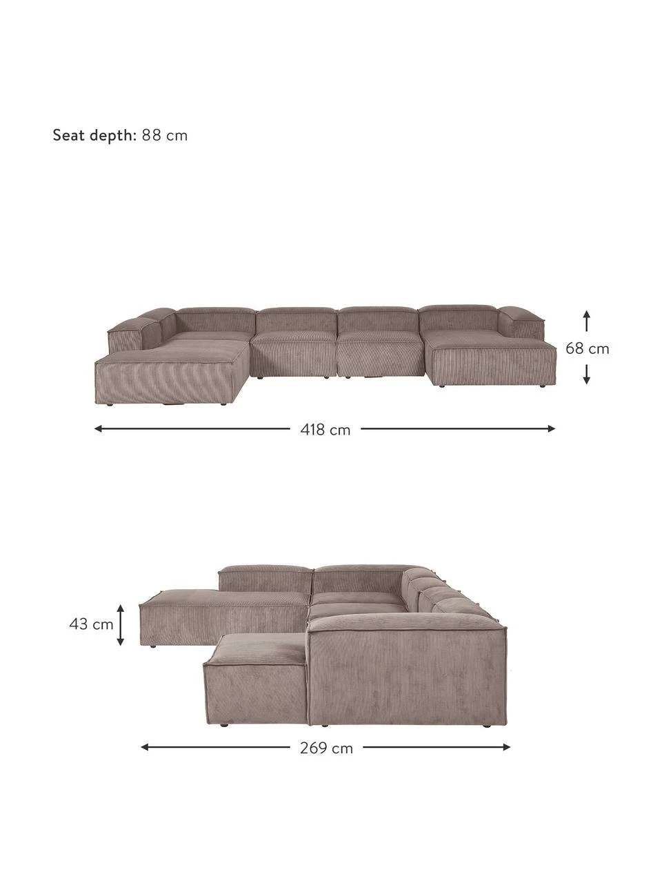 Westwing Collection Canapé lounge modulable velours côtelé brun Lennon, larg. 418 x prof. 68 cm, méridienne à gauche 2 Westwing Collection Canapé lounge modulable velours côtelé brun Lennon, larg. 418 x prof. 68 cm, méridienne à gauche – Image 2