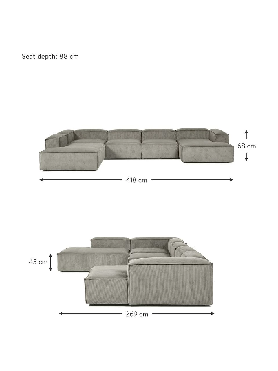 Westwing Collection Canapé modulable velours côtelé gris clair Lennon, larg. 418 x prof. 68 cm, méridienne à gauche 2 Westwing Collection Canapé modulable velours côtelé gris clair Lennon, larg. 418 x prof. 68 cm, méridienne à gauche – Image 2