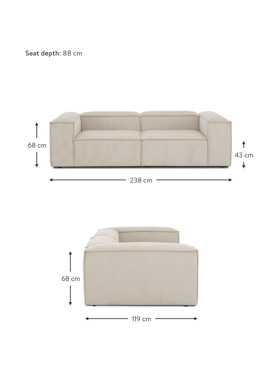 Westwing Collection Canapé modulaire 3 places velours côtelé beige Lennon, larg. 238 x prof. 119 cm 5 Westwing Collection Canapé modulaire 3 places velours côtelé beige Lennon, larg. 238 x prof. 119 cm – Image 5