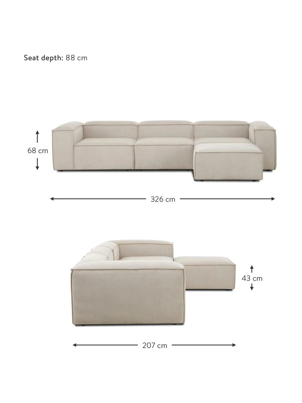 Westwing Collection Canapé modulaire 4 places velours côtelé beige avec pouf Lennon, larg. 327 x prof. 207 cm 4 Westwing Collection Canapé modulaire 4 places velours côtelé beige avec pouf Lennon, larg. 327 x prof. 207 cm – Image 4