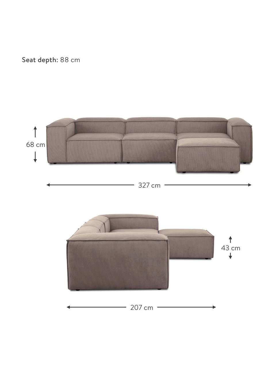 Westwing Collection Canapé modulaire 4 places velours côtelé brun avec pouf Lennon, larg. 327 x prof. 207 cm 4 Westwing Collection Canapé modulaire 4 places velours côtelé brun avec pouf Lennon, larg. 327 x prof. 207 cm – Image 4