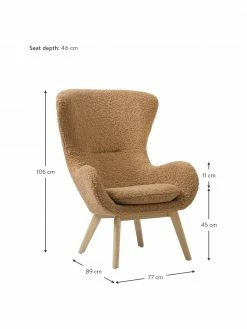 Westwing Collection Fauteuil à oreilles peluche caramel pieds en bois Wing, larg. 77 x prof. 89 cm -furniture Soldes Fauteuil a oreilles peluche caramel pieds en bois Wing 2