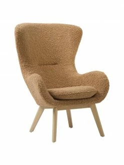 Westwing Collection Fauteuil à oreilles peluche caramel pieds en bois Wing, larg. 77 x prof. 89 cm