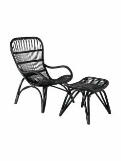 Fauteuil de jardin en rotin avec tabouret Ella, larg. 66 x prof. 131 cm