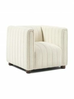 Westwing Collection Fauteuil tissu bouclé blanc crème avec pieds en bois Antonio, larg. 88 x haut. 71 cm