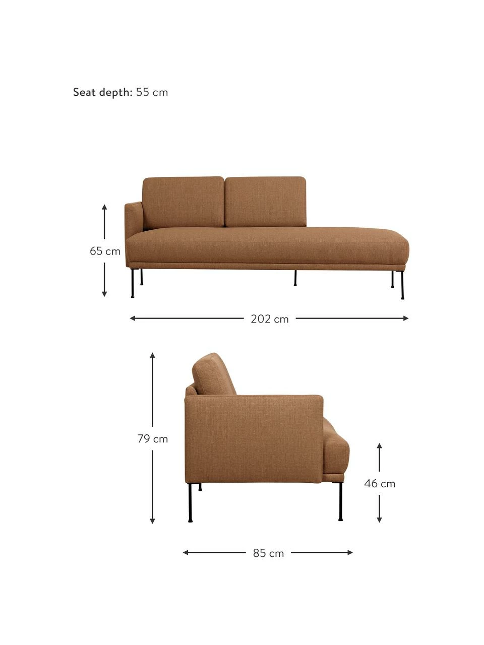 Westwing Collection Méridienne en nougat avec pieds en métal Fluente, larg. 202 x prof. 85 cm, dossier à gauche 3 Westwing Collection Méridienne en nougat avec pieds en métal Fluente, larg. 202 x prof. 85 cm, dossier à gauche – Image 3