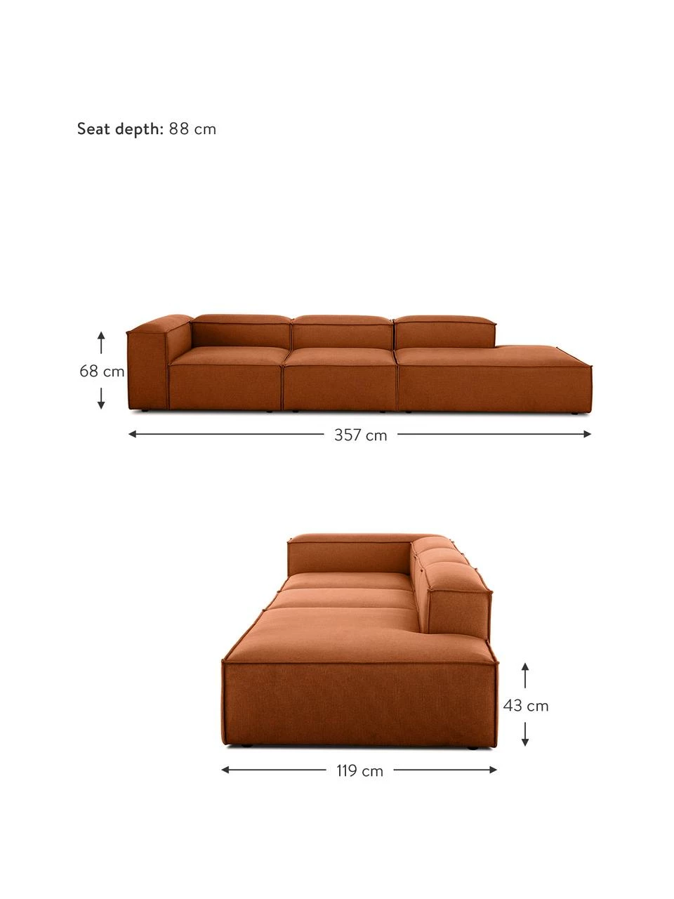 Westwing Collection Méridienne modulaire XL terracotta Lennon, larg. 357 x prof. 119 cm, dossier à gauche 3 Westwing Collection Méridienne modulaire XL terracotta Lennon, larg. 357 x prof. 119 cm, dossier à gauche – Image 3