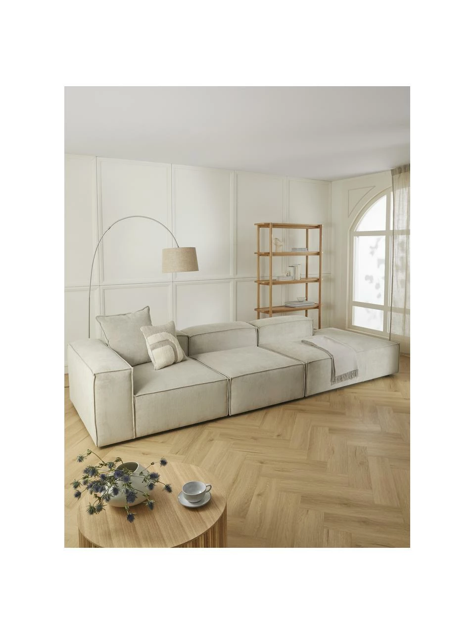 Westwing Collection Méridienne modulaire XL velours côtelé beige Lennon, larg. 357 x prof. 119 cm, dossier à gauche 2 Westwing Collection Méridienne modulaire XL velours côtelé beige Lennon, larg. 357 x prof. 119 cm, dossier à gauche – Image 2