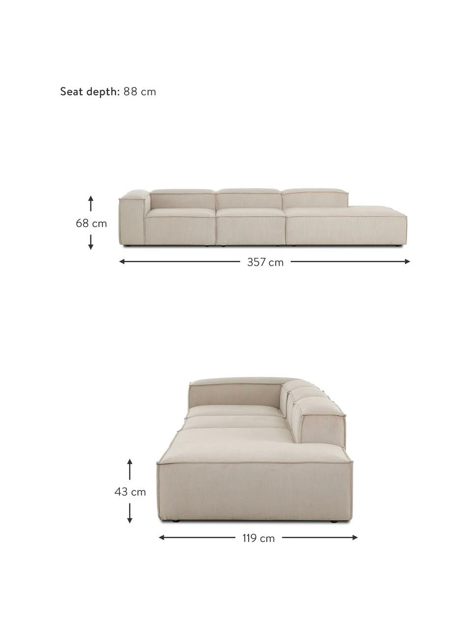 Westwing Collection Méridienne modulaire XL velours côtelé beige Lennon, larg. 357 x prof. 119 cm, dossier à gauche 4 Westwing Collection Méridienne modulaire XL velours côtelé beige Lennon, larg. 357 x prof. 119 cm, dossier à gauche – Image 4