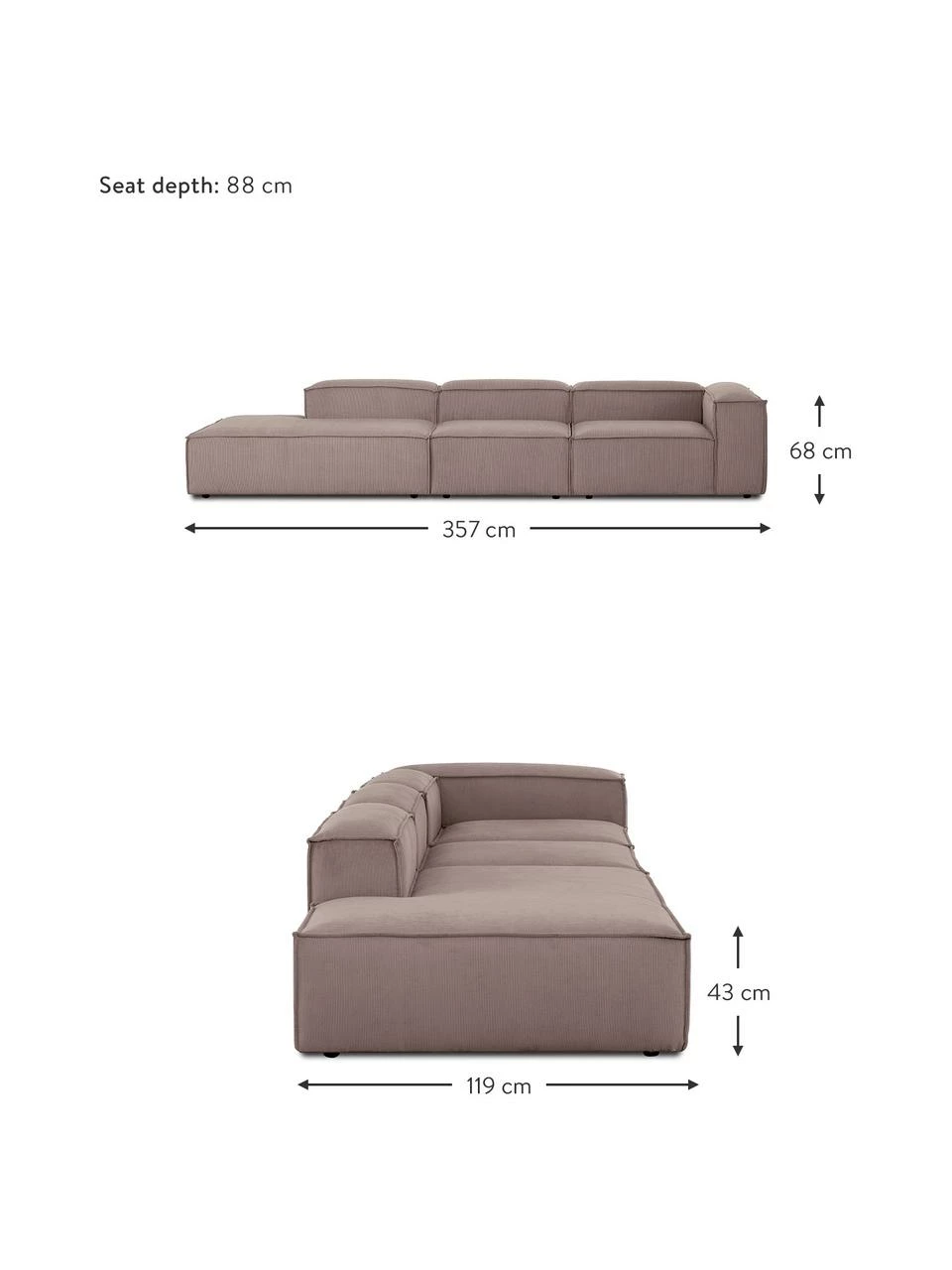 Westwing Collection Méridienne modulaire XL velours côtelé brun Lennon, larg. 357 x prof. 119 cm, dossier à droite 3 Westwing Collection Méridienne modulaire XL velours côtelé brun Lennon, larg. 357 x prof. 119 cm, dossier à droite – Image 3
