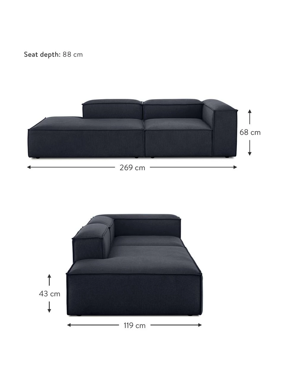 Westwing Collection Méridienne modulaire bleue Lennon, larg. 269 x prof. 119 cm, dossier à droite 5 Westwing Collection Méridienne modulaire bleue Lennon, larg. 269 x prof. 119 cm, dossier à droite – Image 5