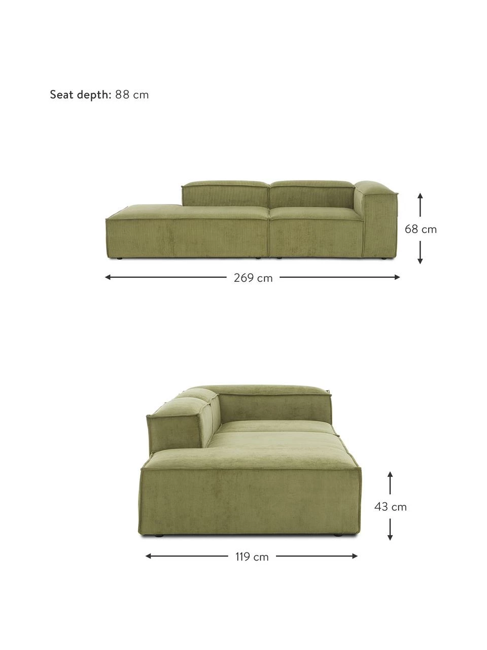Westwing Collection Méridienne modulaire velours côtelé vert Lennon, larg. 269 x prof. 119 cm, dossier à droite 2 Westwing Collection Méridienne modulaire velours côtelé vert Lennon, larg. 269 x prof. 119 cm, dossier à droite – Image 2