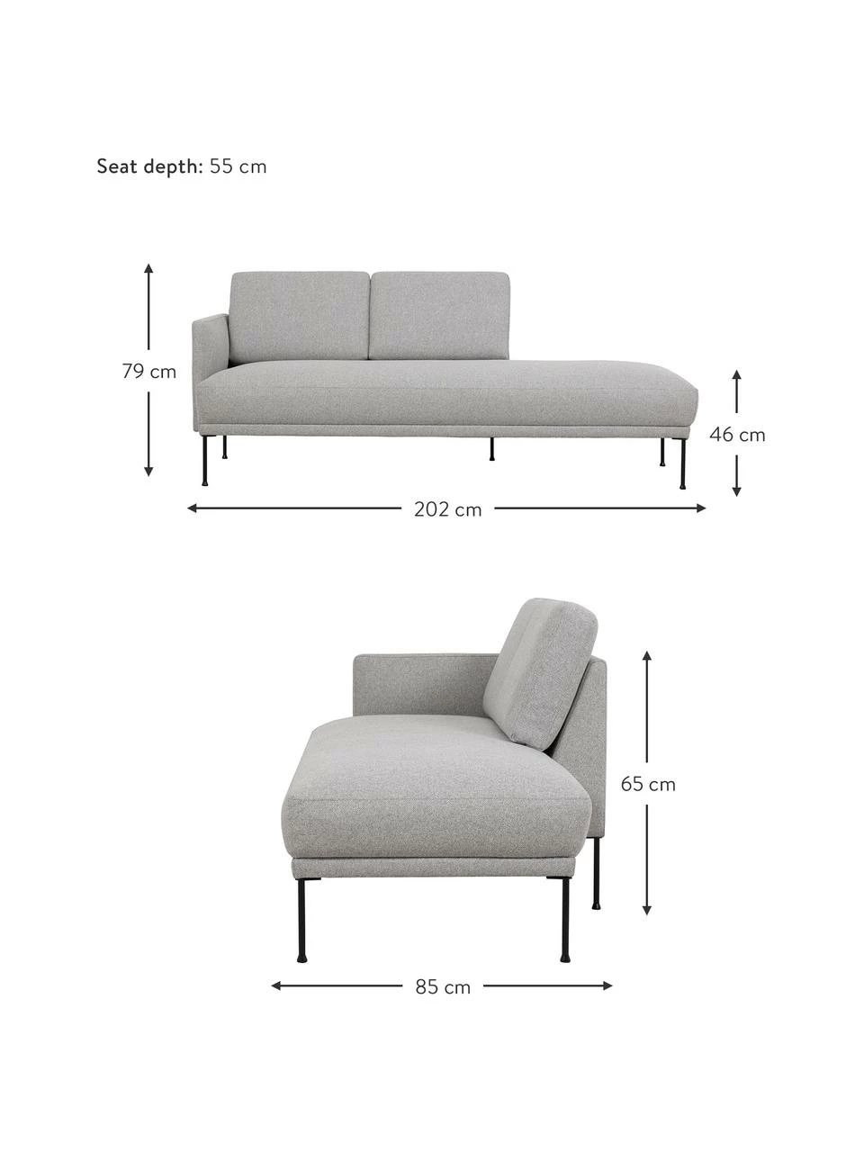 Westwing Collection Méridienne tissu gris clair pieds en métal Fluente, larg. 202 x prof. 85 cm, dossier à gauche 3 Westwing Collection Méridienne tissu gris clair pieds en métal Fluente, larg. 202 x prof. 85 cm, dossier à gauche – Image 3