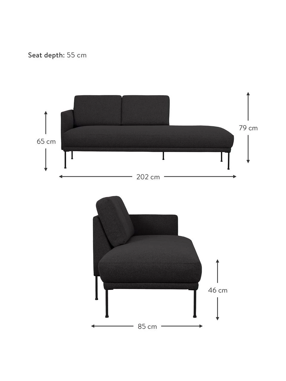 Westwing Collection Méridienne tissu gris foncé pieds en métal Fluente, larg. 202 x prof. 85 cm, dossier à gauche 3 Westwing Collection Méridienne tissu gris foncé pieds en métal Fluente, larg. 202 x prof. 85 cm, dossier à gauche – Image 3