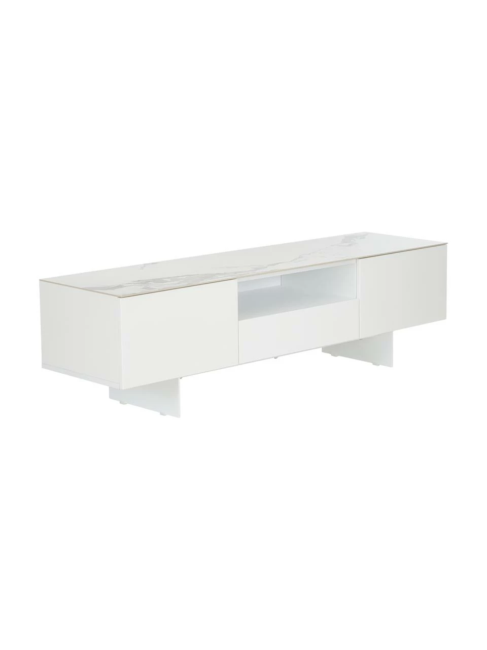 Westwing Collection Meuble TV blanc avec plateau aspect marbre Fiona, larg. 160 x haut. 46 cm 1 Westwing Collection Meuble TV blanc avec plateau aspect marbre Fiona, larg. 160 x haut. 46 cm