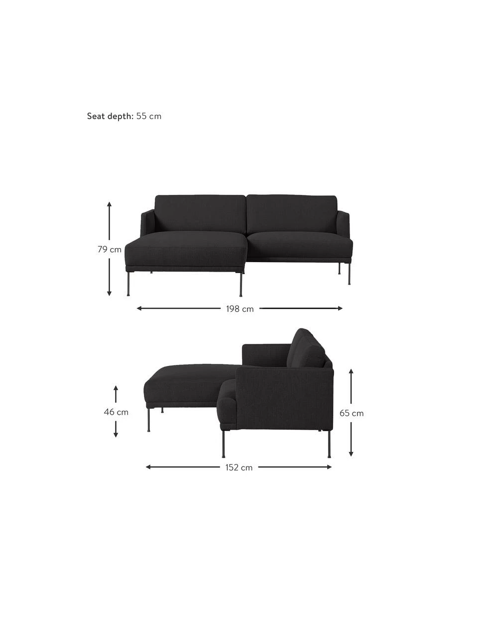 Westwing Collection Petit canapé d'angle gris foncé avec pieds en métal Fluente, larg. 198 x prof. 152 cm, méridienne à gauche 2 Westwing Collection Petit canapé d'angle gris foncé avec pieds en métal Fluente, larg. 198 x prof. 152 cm, méridienne à gauche – Image 2