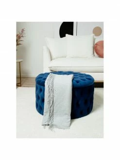 Westwing Collection Pouf coffre XL velours bleu foncé Chiara, Ø 70 x haut. 42 cm -furniture Soldes Pouf coffre XL velours bleu fonce Chiara 2
