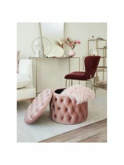 Westwing Collection Pouf coffre en velours rose Chiara, Ø 50 x haut. 42 cm -furniture Soldes Pouf coffre en velours rose Chiara 2