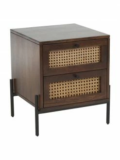 Westwing Collection Table de chevet avec tiroirs en cannage brun foncé Vienna, larg. 45 x haut. 55 cm
