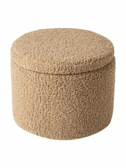 Westwing Collection Tabouret avec coffre tissu bouclé brun Alida, Ø 50 x haut. 42 cm -furniture Soldes Tabouret avec coffre tissu boucle brun Alida 4